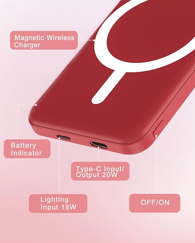 podoru for Magsafe Battery Pack, 5000mAh Magnetic Power Bank with Type-C Cable 20W PD Fast Charging Lighting Input Wireless Portable Charger for iPhone 17/16/15/14/13/12/ All Series-Red