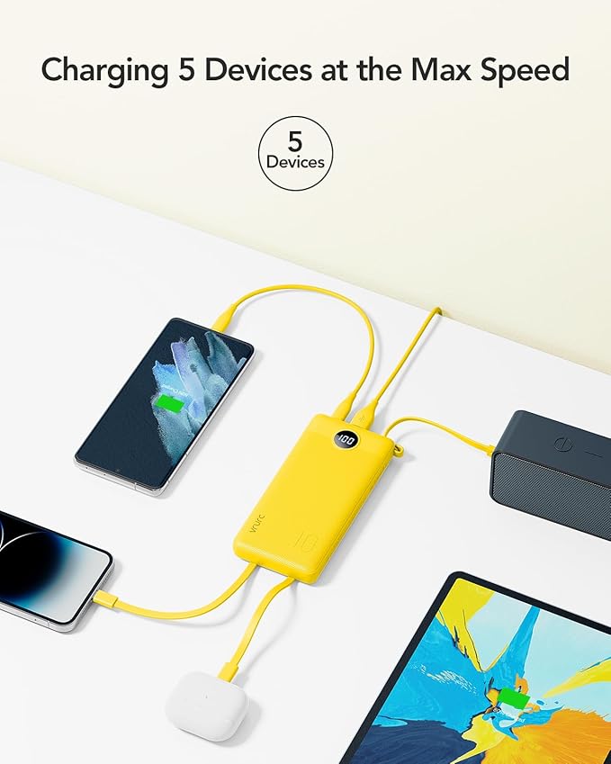VRURC Portable Charger with Built-in Cables, 10000mAh LED Display USB C Power Bank, Slim Travel Battery Pack with 5 Output 2 Input Compatible with iPhone 17 16 15 13,Samsung,Android etc-Yellow(1 Pack)