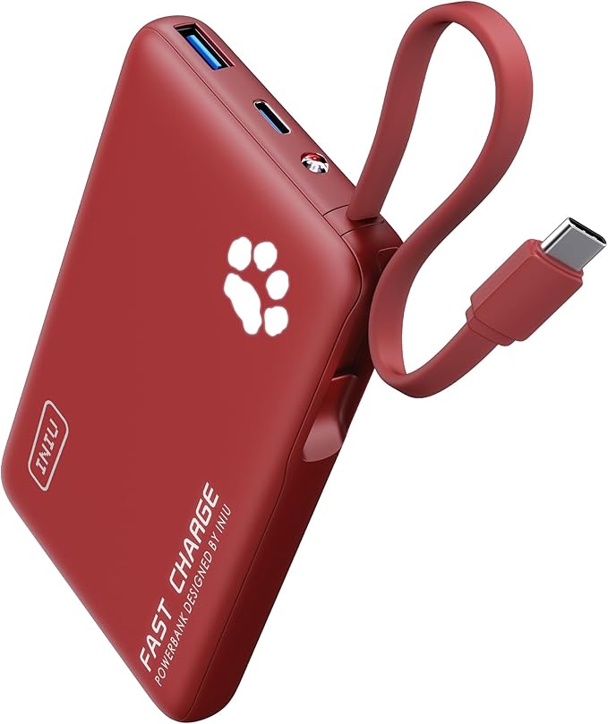 INIU Portable Charger, Slim 10000mAh Power Bank with Build in USB-C Cable, 45W Fast Charging Mini Battery Pack, Travel Trip Flight Cruise Ship Essentials for College Students Travelers Boys Girls, Red