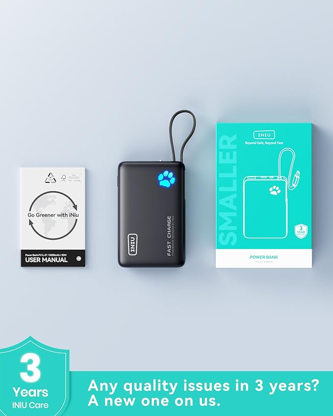 INIU 45W Power Bank, Fast Charging Portable Charger with Built-in USB C Cable, 10000mAh Small Type C Powerbank, Battery Pack for iPhone 17 16 15 14, iPad, Samsung S25 S24 etc Travel Camping Essentials