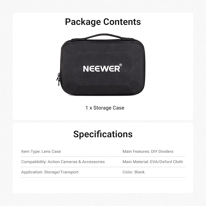 NEEWER Carrying Case for Action Camera & Accessories, Splashproof Protective Storage Bag with DIY Dividers & Mesh Pockets Compatible with GoPro DJI Osmo 360 Action 5 Pro Pocket 3 Lens, PB27