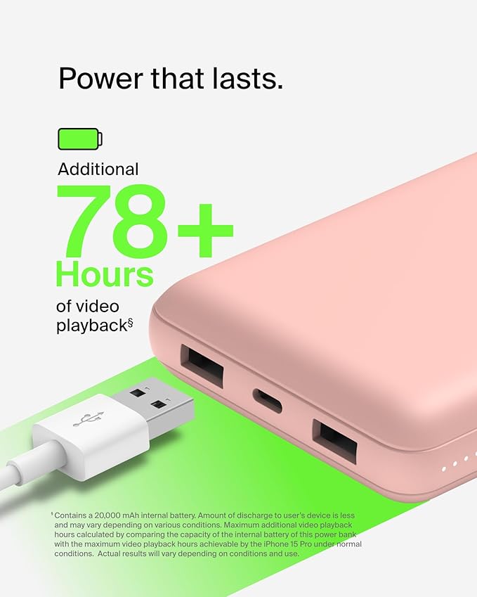 Belkin Portable Charger, USB C Power Bank 20000 mAh w/ 1xUSB-C Port & 2xUSB-A Ports, 15W w/ Type-A to Type-C Cable - iPhone 17, Air, Pro, Pro Max, Samsung Galaxy S25, Google Pixel 10, etc. - Rose Gold