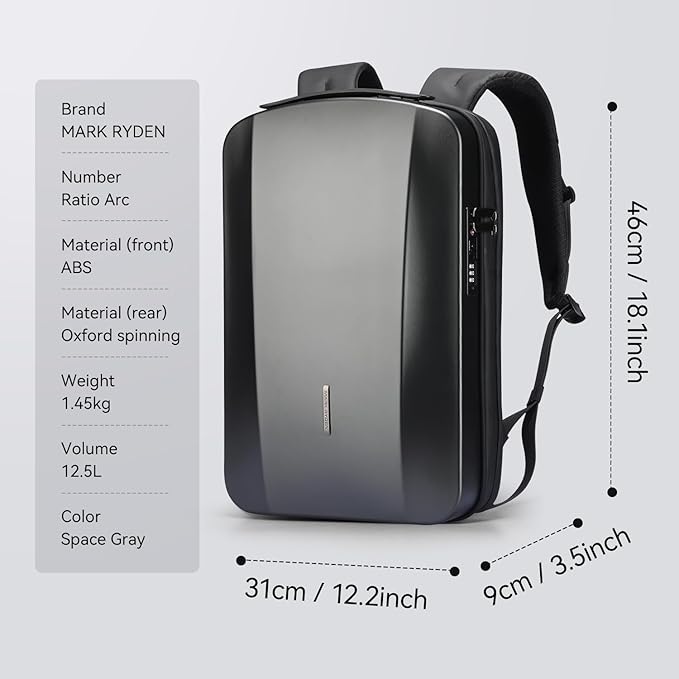 MARK RYDEN Laptop Backpack for Men, Hard Shell Anti-Theft Backpack with TSA Approved Lock and USB Charging Port, Business Backpack for Working, Commuting