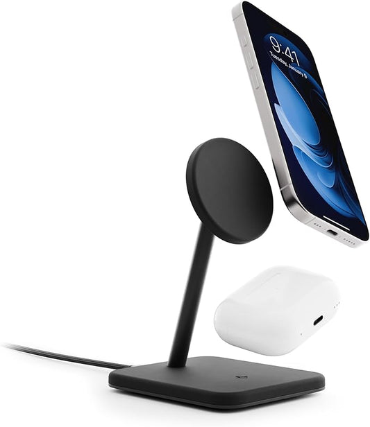 Twelve South HiRise 2 Deluxe 2-in-1 Wireless Charging Station for Apple Devices - Qi2 MagSafe Charger, Fast Wireless Charger Stand for iPhone 15 14 13 12 Pro & Max Series, AirPods Pro/3/2, Black