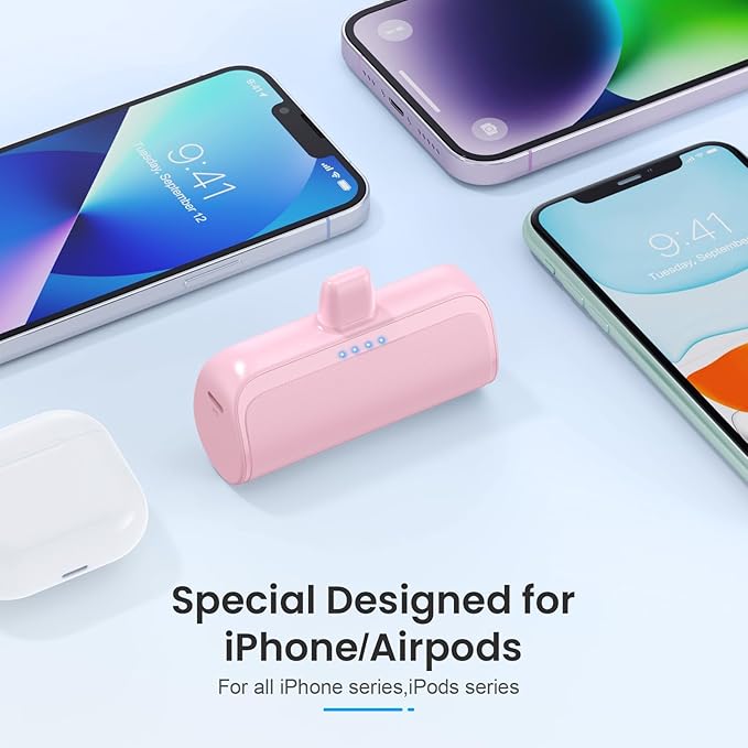 Mini Portable Charger Power Bank for iPhone,5200mAh Portable Phone Charger, Ultra-Compact PD Fast Charging Battery Pack Compatible with iPhone 14/14 Plus/Pro Max/13/12/12 Mini/11/XS/XR/X/8/7/6/6s