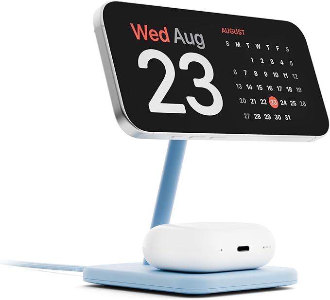 Twelve South HiRise 2 Deluxe 2-in-1 Wireless Charging Station for Apple Devices Qi2 MagSafe Charger, Fast Charger Stand for iPhone 15 14 13 12 Pro & Max Series AirPods Pro/3/2, Glacial Blue