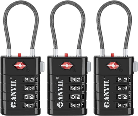 ANVIL 4 Digit Luggage Locks, TSA Locks for Luggage, Advanced TSA008 core, Alert Indicator for Your Travel Lock, Suitcase Lock. (3, Black)