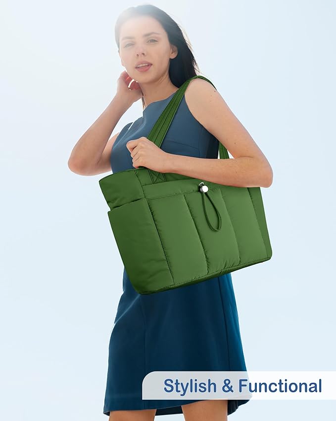 TOPDesign Puffy Tote Bag for Women with Cup Holder & Laptop Compartment & Cosmetic Bag & Trolley Sleeve for Work, Travel