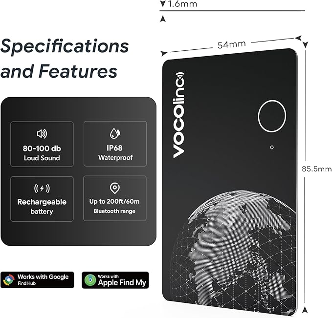 VOCOlinc Air Tag Smart Card for Android & iOS, New Dual System Rechargeable Wallet Tracker Work with Google Find Hub or Apple Find My APP, Item Finder Locator for Luggage, Suitcase. Slim 1.6mm, 1 Pack