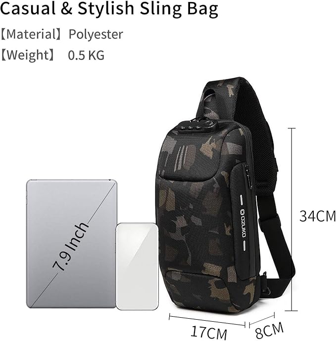 FANDARE New Men Sling Bag Anti-theft Crossbody Bag Chest Pack with Password Lock,USB, Reflective Stripe Shoulder Bag for Cycling Camping Riding Hiking Waterproof Polyester Camo