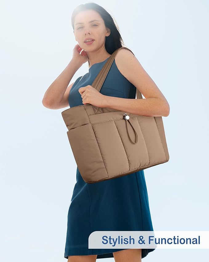 TOPDesign Puffy Tote Bag for Women with Cup Holder & Laptop Compartment & Cosmetic Bag & Trolley Sleeve for Work, Travel