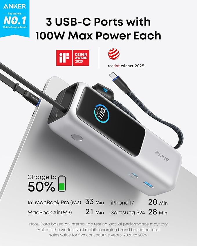 Anker Laptop Power Bank, 25,000mAh Portable Charger with Triple 100W USB-C Ports, Built-in Retractable Cables, Flight-Approved for Travel, iPhone 17/16 Series, MacBook, Samsung, and More