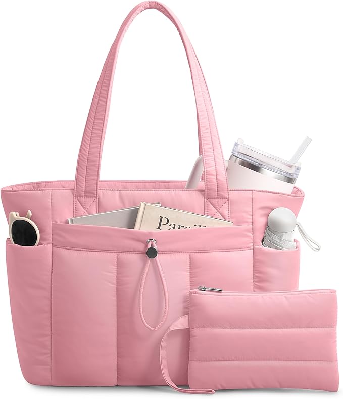 TOPDesign Puffy Tote Bag for Women with Cup Holder & Laptop Compartment & Cosmetic Bag & Trolley Sleeve for Work, Travel