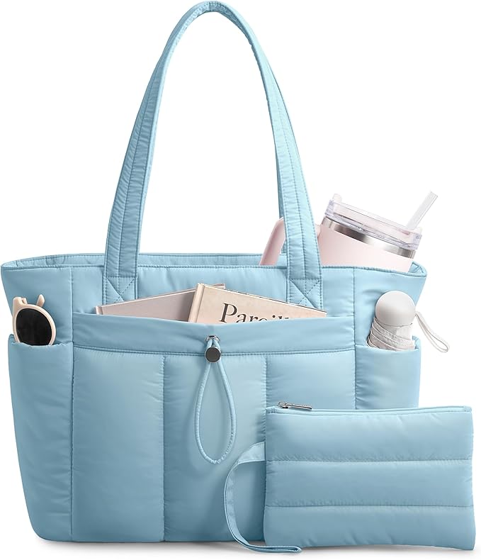 TOPDesign Puffy Tote Bag for Women with Cup Holder & Laptop Compartment & Cosmetic Bag & Trolley Sleeve for Work, Travel