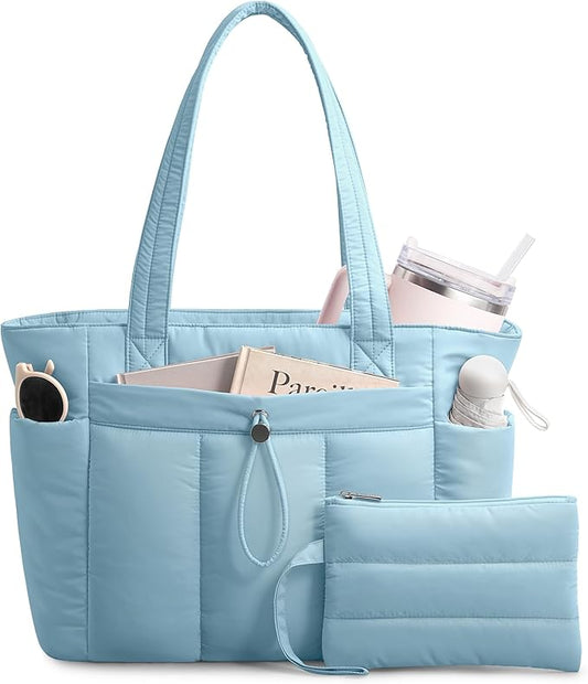 TOPDesign Puffy Tote Bag for Women with Cup Holder & Laptop Compartment & Cosmetic Bag & Trolley Sleeve for Work, Travel