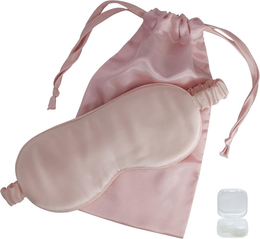 Mulberry Soft Silk Eye Mask for Sleeping with Ear Plugs & Luxury Bag - Cooling Night Eye Covers Sleep Face Mask for Women - Blindfold Travel Eye Mask Blocking Out Light - Pink