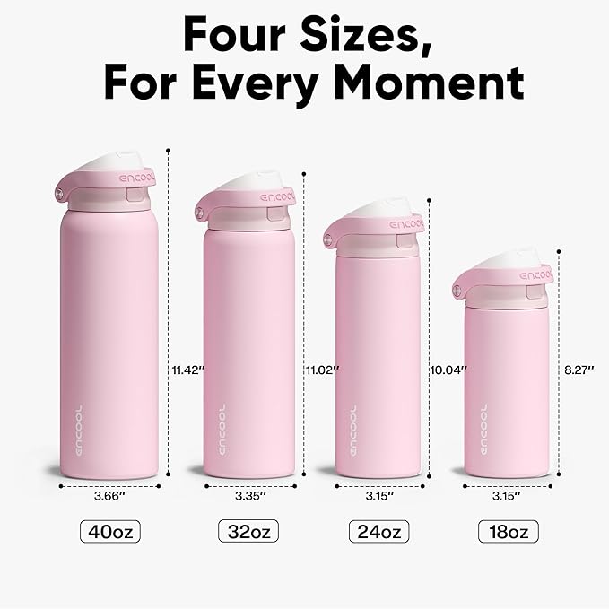 ENCOOL Leakproof Insulated Water Bottle with Straw Dual-Sip Water Bottle Bag-Safe Design for Work, Commute & Gym – Keeps Drinks Cold All Day, 32 oz, Poppy Pink