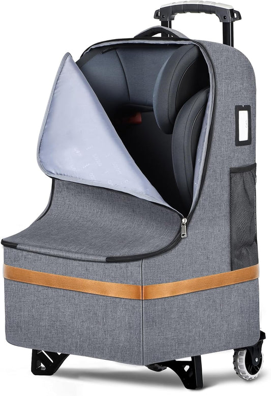 Padded Car Seat Travel Bag with Wheels – Gate Check Backpack & Dolly, Grey