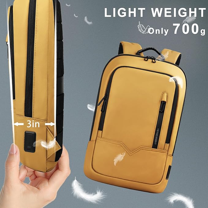 hk Backpack for Men Business Slim Backpack with USB Charger Computer Lightweight Anti-theft Travel (Yellow, 15.6 Inch)