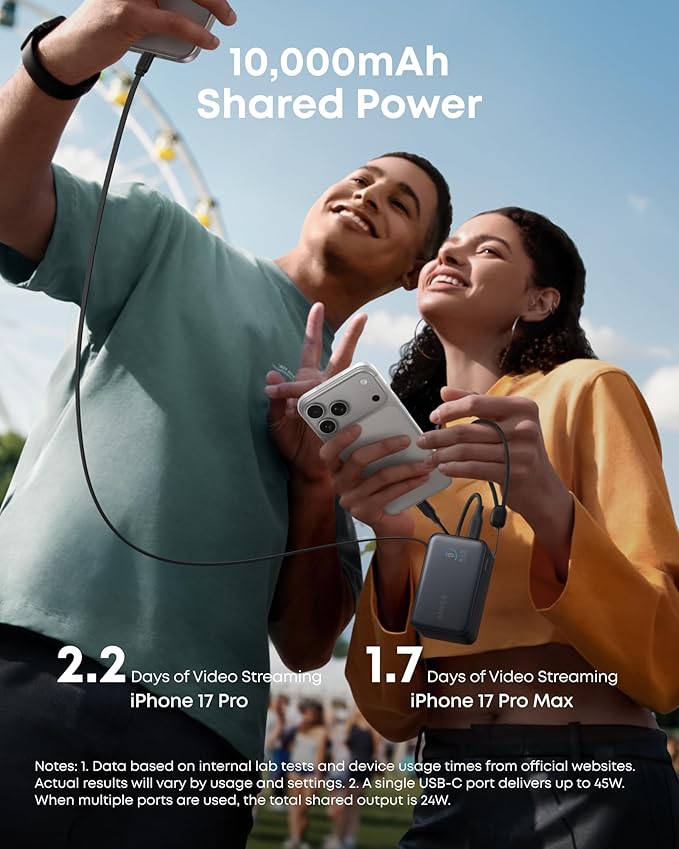 Anker Nano Portable Charger, 10,000mAh 45W Max Compact Power Bank, Travel Essential Phone Battery Pack with 2.3 ft InstaCord Retractable Cable for iPhone 17/16 Series, iPad, Galaxy, Pixel, and More