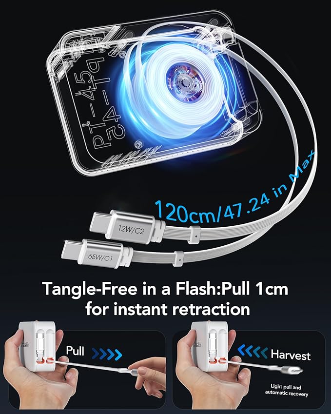 65W for MacBook Pro Charger,5-in-1 Retractable Wall Charger Plug for iPhone 17, Dual 3.94 ft PD USB C Cable&3 Ports, Fast Charging Block for Mac Book Pro/Air, M1 M2 M3 M4, iPad Pro,Galaxy,Pixel