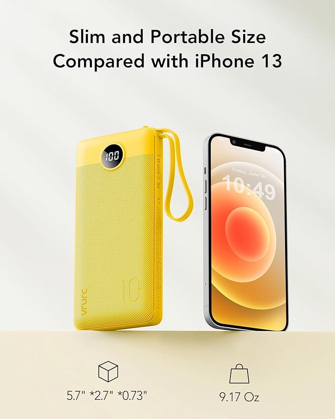 VRURC Portable Charger with Built-in Cables, 10000mAh LED Display USB C Power Bank, Slim Travel Battery Pack with 5 Output 2 Input Compatible with iPhone 17 16 15 13,Samsung,Android etc-Yellow(1 Pack)