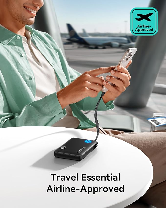 INIU 45W Power Bank, Fast Charging Portable Charger with Built-in USB C Cable, 10000mAh Small Type C Powerbank, Battery Pack for iPhone 17 16 15 14, iPad, Samsung S25 S24 etc Travel Camping Essentials