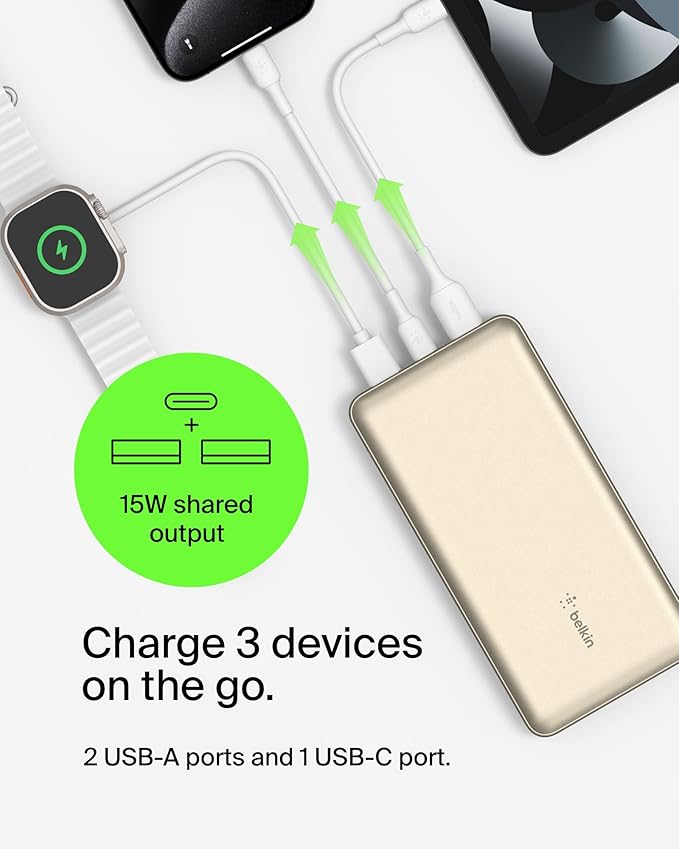Belkin Portable Charger, USB-C Power Bank 20000 mAh w/ 2xUSB-A Ports, 15W w/Type-C to Type-A Cable for iPhone 17, Air, Samsung Galaxy S25, Pixel, iPad, Nintendo Switch 2, Google Pixel 10, etc. - Gold