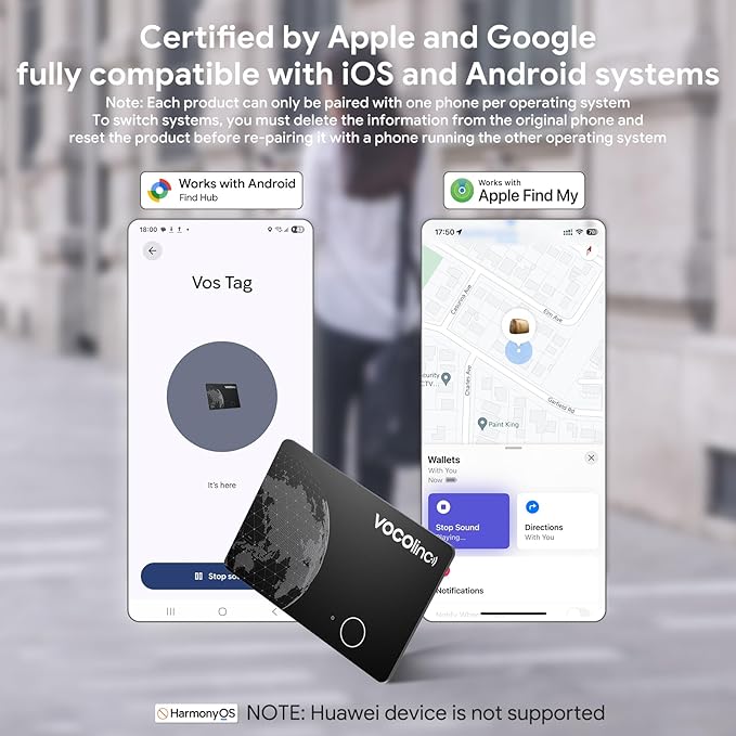 VOCOlinc Air Tag Smart Card for Android & iOS, New Dual System Rechargeable Wallet Tracker Work with Google Find Hub or Apple Find My APP, Item Finder Locator for Luggage, Suitcase. Slim 1.6mm, 1 Pack