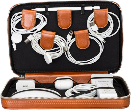 Medicine Handmade Leather Cable Organizer Bag – Full-Grain Leather Travel Tech Case for Cords, Chargers & Accessories – Zippered Storage for Men & Women (Tan)