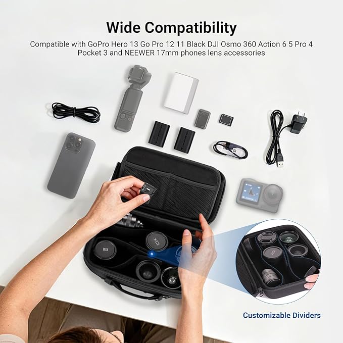 NEEWER Carrying Case for Action Camera & Accessories, Splashproof Protective Storage Bag with DIY Dividers & Mesh Pockets Compatible with GoPro DJI Osmo 360 Action 5 Pro Pocket 3 Lens, PB27