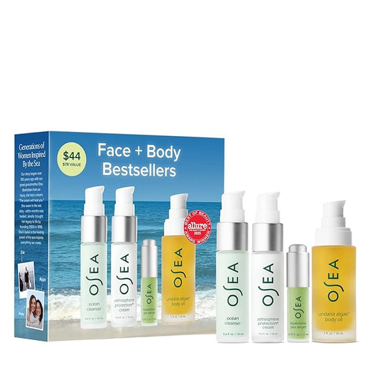 OSEA Bestsellers Set For Face + Body -4-piece Skin Care Set - Body Oil, Face Cleanser, Face Cream, & Hyaluronic Acid Serum - Clean Beauty Travel Set - Ideal for Beauty Gifts