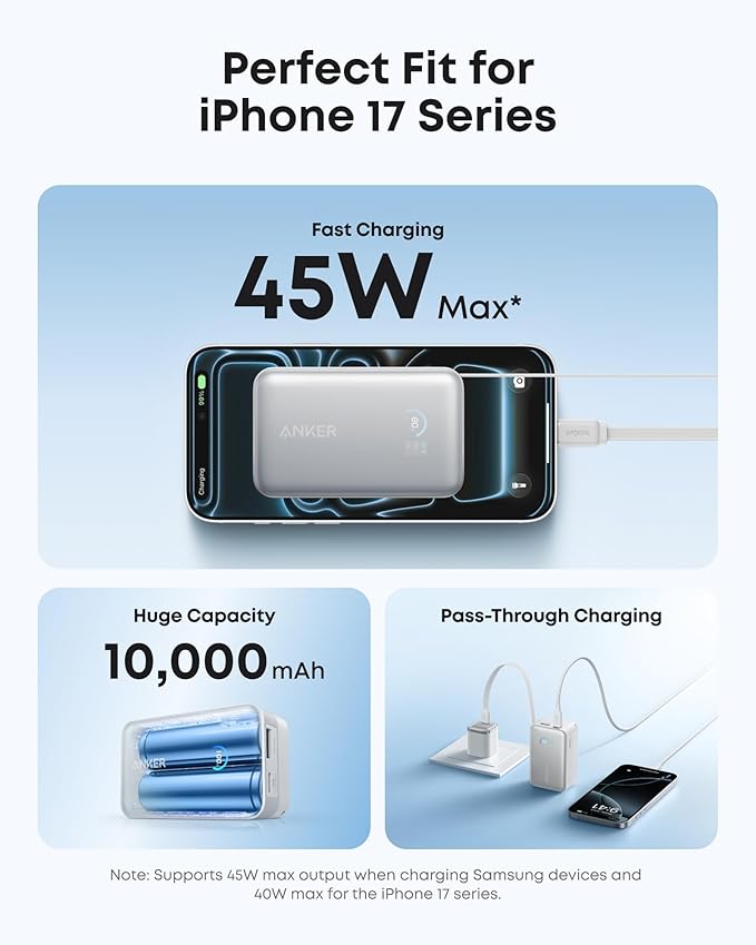 Anker Nano Portable Charger, 10,000mAh 45W Max Compact Power Bank, Travel Essential Phone Battery Pack with 2.3 ft InstaCord Retractable Cable for iPhone 17/16 Series, iPad, Galaxy, Pixel, and More