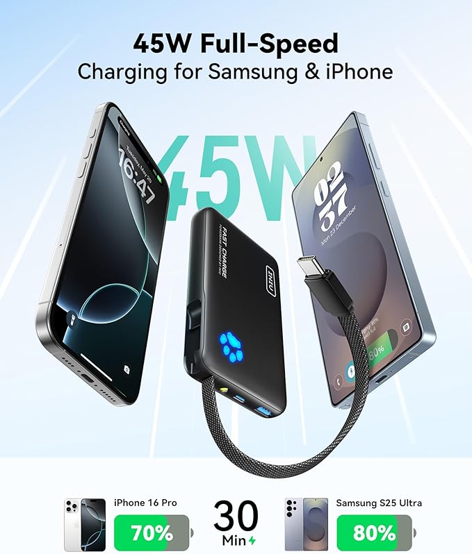 INIU 45W Power Bank, Fast Charging Portable Charger with Built-in USB C Cable, 10000mAh Small Type C Powerbank, Battery Pack for iPhone 17 16 15 14, iPad, Samsung S25 S24 etc Travel Camping Essentials