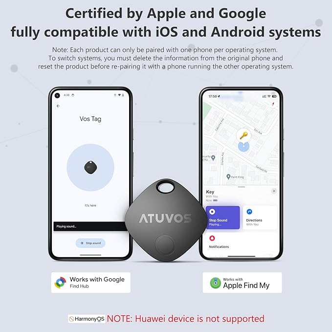 ATUVOS 2025 New Upgraded Dual System Air Tracker Tags-2 Pack, Compatible with iOS Apple Find My & Android Google Find Hub APP (Not for Huawei), Bluetooth Tracker for Keys, Luggage, Backpack, Suitcases