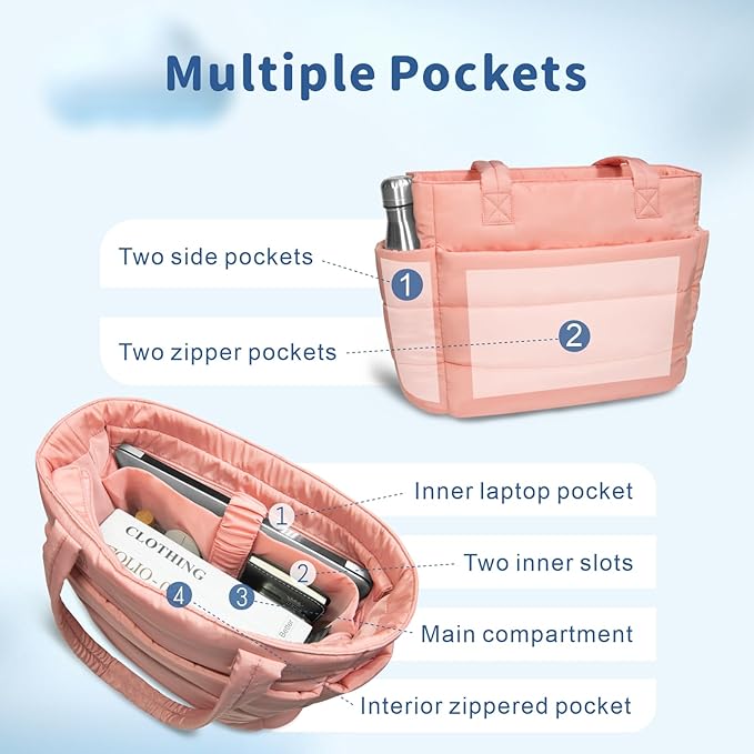 TOPDesign Puffer Tote Bag for Women, Lightweight Puffy Handbag with Compartments, Quilted Shoulder Bag for Work, Travel, Gym