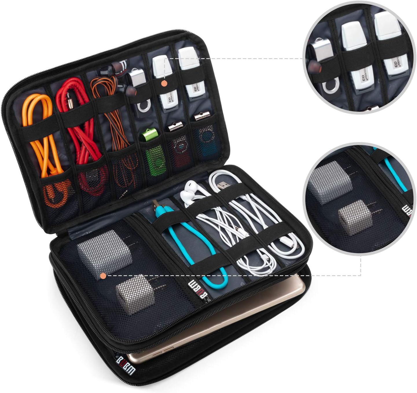 BUBM Double Layer Electronic Accessories Organizer, Travel Gadget Bag for Cables, USB Flash Drive, Plug and More, Perfect Size Fits for iPad Mini (Medium, Dark Blue)