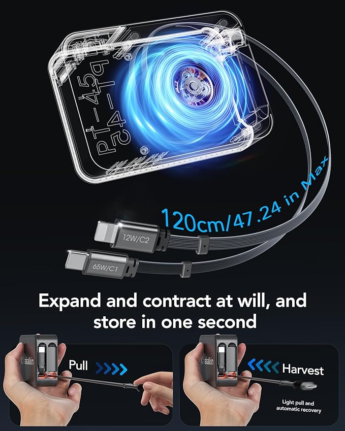 65W for MacBook Pro Charger,5-in-1 Retractable Wall Charger Plug for iPhone 17, Dual 3.94 ft PD USB C Cable&3 Ports, Fast Charging Block for Mac Book Pro/Air, M1 M2 M3 M4, iPad Pro,Galaxy,Pixel