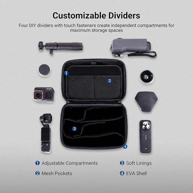 NEEWER Carrying Case for Action Camera & Accessories, Splashproof Protective Storage Bag with DIY Dividers & Mesh Pockets Compatible with GoPro DJI Osmo 360 Action 5 Pro Pocket 3 Lens, PB27