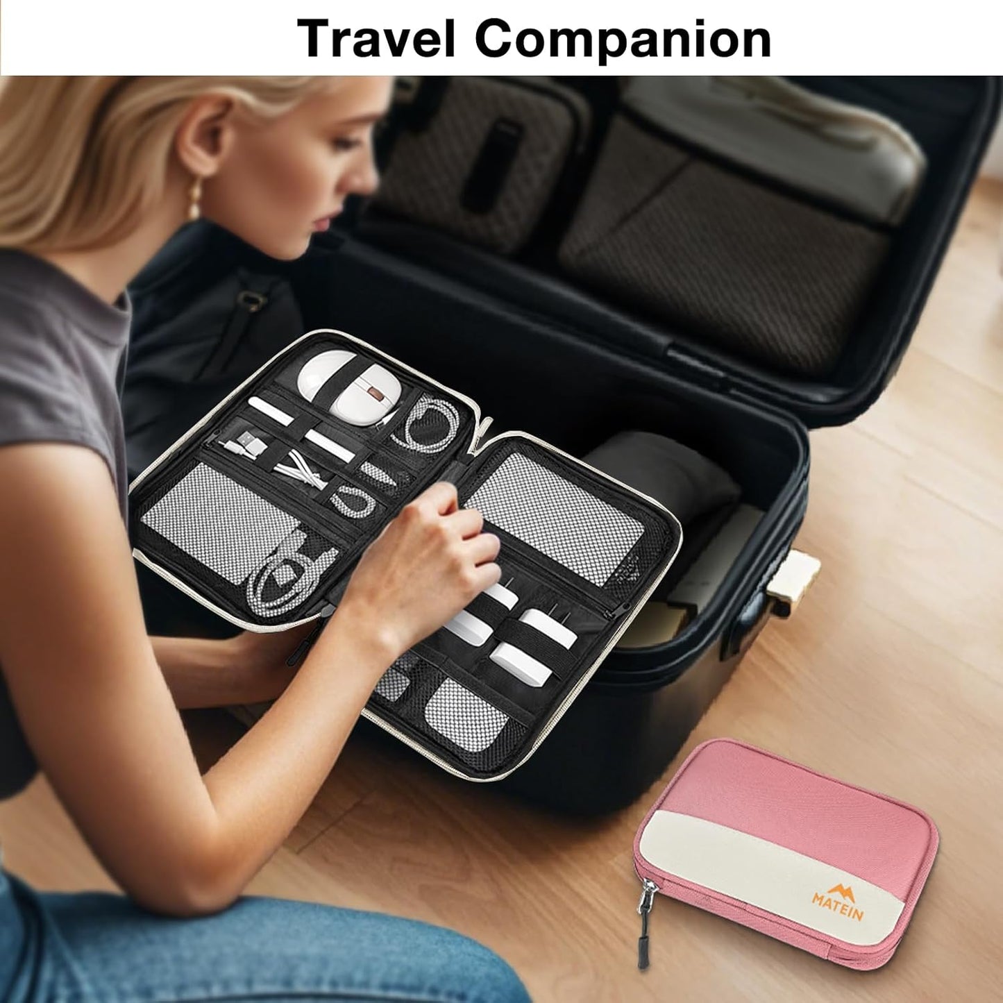 MATEIN Travel Cord Organizer Case 2 Pack for Women, Double Zipper Cable Organizer Bag for Tech Accessories, Water Resistant Lightweight Electronics Bag for Charger, USB Drive & Phone, Office Gifts