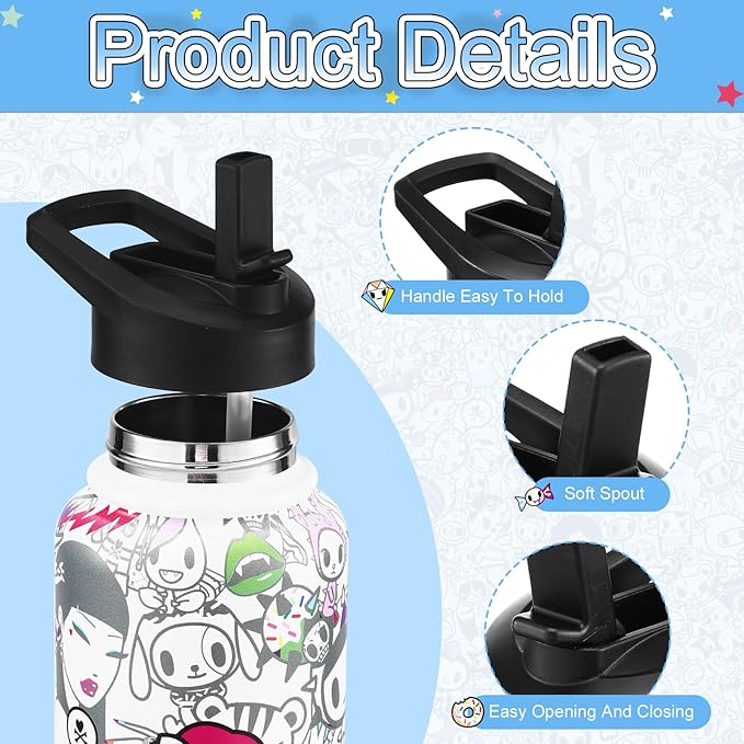 Tokidoki Unicorno 32OZ Water Bottle with straw Anime Cartoon Reusable Insulated Water Bottle Cup Tumbler with Leak Proof Flip for Outdoor Gym (BN-allstars)