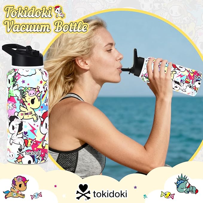 Tokidoki Unicorno Bottle 32oz Insulated Stainless Steel Water Bottle Reusable Vacuum Insulated Water Bottle Tumbler with Leak Proof Flip Bottle for Travel Office Gym (rainbow unicorno)