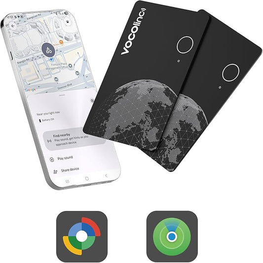VOCOlinc Air Tag Smart Card for Android & iOS, New Dual System Rechargeable Wallet Tracker Work with Google Find Hub or Apple Find My APP, Item Finder Locator for Luggage, Suitcase. Slim 1.6mm, 2 Pack