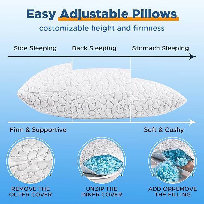 King Size Pillows 2 Pack, Cooling Bed Pillow for Sleeping King Size Set of 2, Shredded Memory Foam Pillows for Neck Pain Relief, Luxury Firm and Soft Adjustable Pillow for Side Back Stomach Sleepers