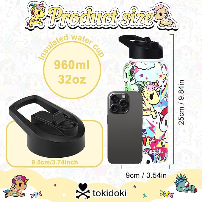 Tokidoki Unicorno Bottle 32oz Insulated Stainless Steel Water Bottle Reusable Vacuum Insulated Water Bottle Tumbler with Leak Proof Flip Bottle for Travel Office Gym (rainbow unicorno)