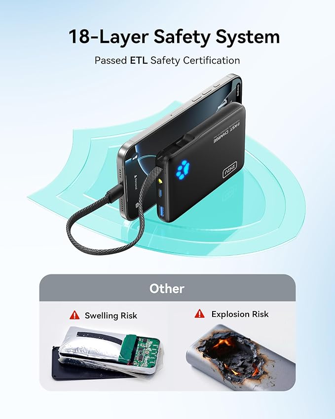 INIU 45W Power Bank, Fast Charging Portable Charger with Built-in USB C Cable, 10000mAh Small Type C Powerbank, Battery Pack for iPhone 17 16 15 14, iPad, Samsung S25 S24 etc Travel Camping Essentials