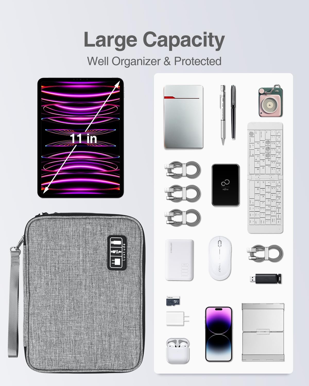 Luxtude Travel Cord Organizer Case, Electronic Organizer Travel Case Large, Cable Organizers Bag, Tech Bag for Cable Storage/Cord Storage/iPad Pro(up to 11")/Wall Charger/Electronics