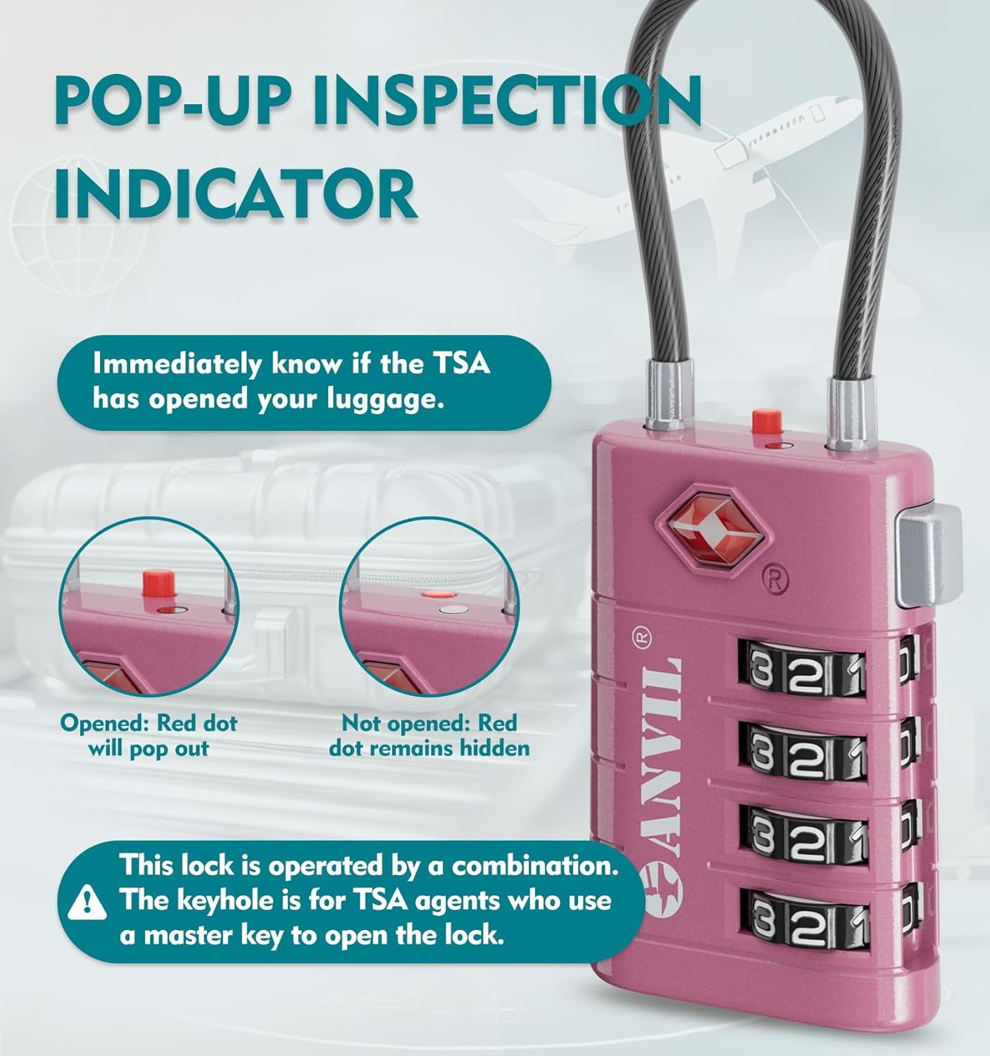 ANVIL 4 Digit Luggage Locks, TSA Locks for Luggage, Advanced TSA008 core, Alert Indicator for Your Travel Lock, Suitcase Lock. (2, Rose Purple)