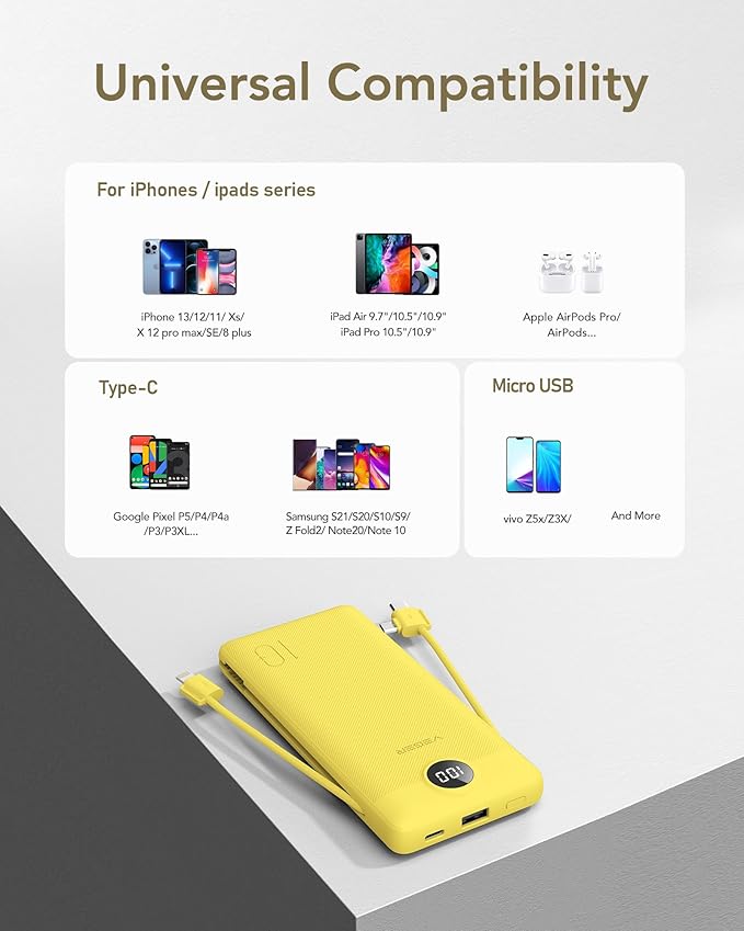 VEGER Portable Charger with Built-in AC Plug and Cables, All in One 10000mAh Ultra Slim Power Bank Travel Essentials, 15W Fast Charging Battery Pack Compatible with iPhone, Samsung, Android (Yellow)