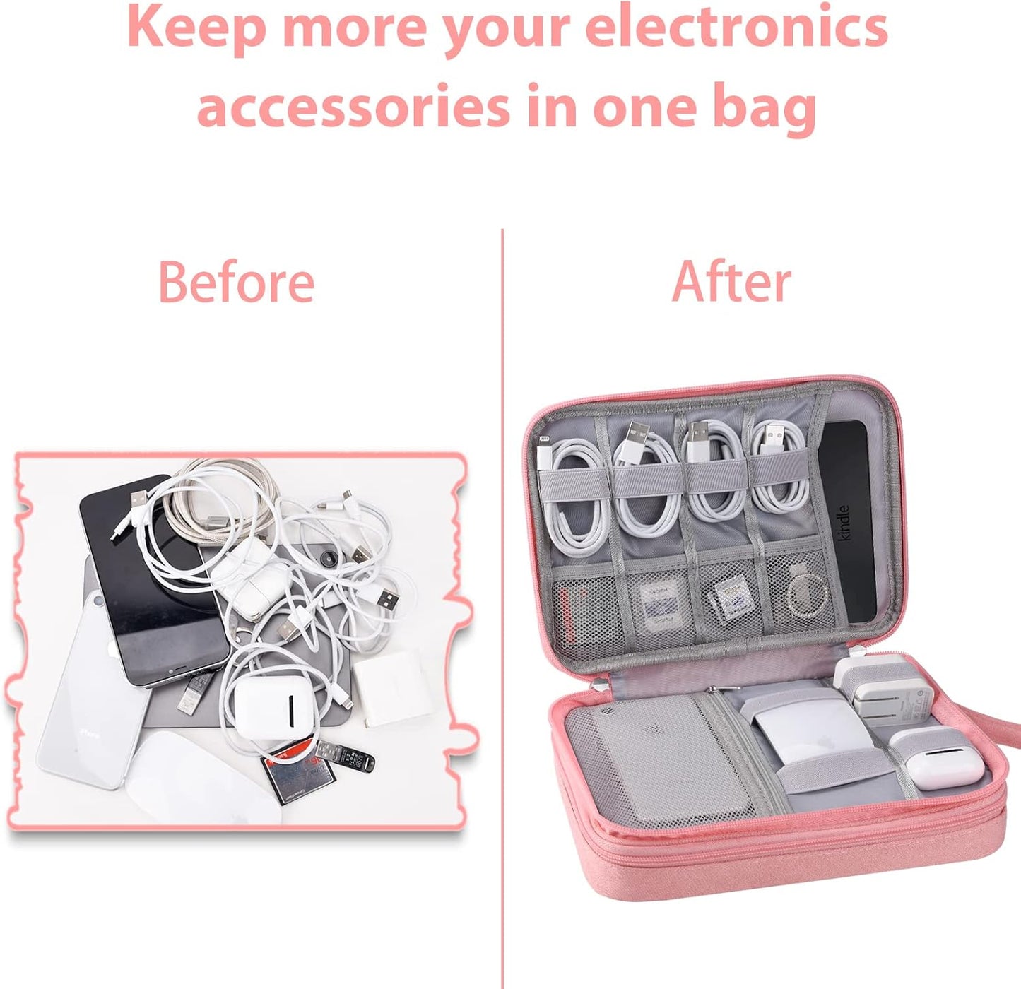 DDgro Charge Organizer Case Bag, Electronics Travel Pouch for Cable & Cords, Tech Accessories (Large, Pink)